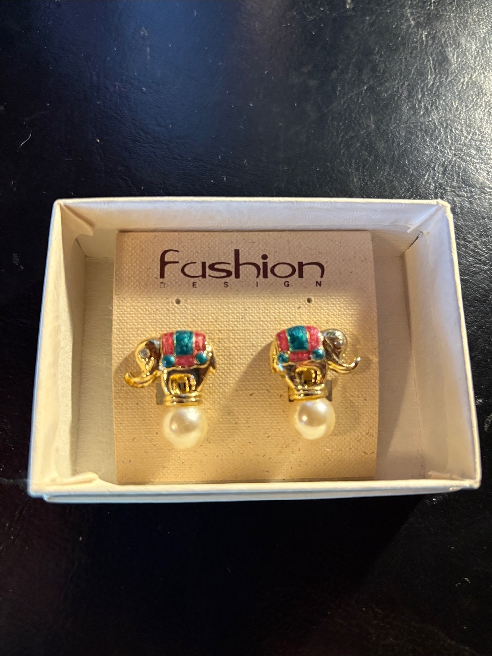 Gold Elephant Pearl Drop Earrings in Pink and Teal